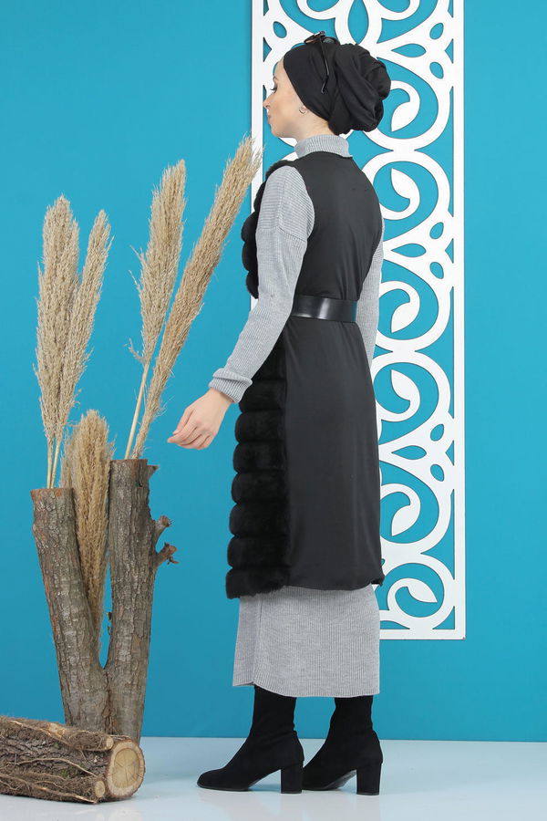 Uzun Peluş Yelek Siyah Siyah - 7832