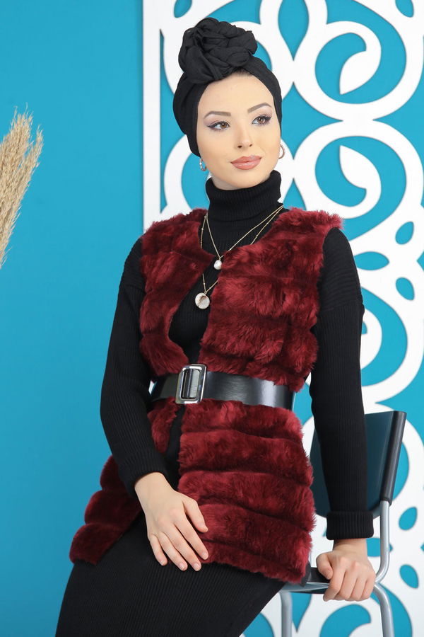 Kisa Peluş Yelek Siyah  Bordo - 7848 BORDO