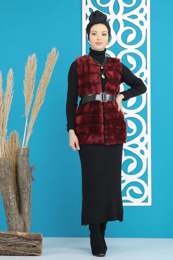 Kisa Peluş Yelek Siyah  Bordo - 7848 BORDO