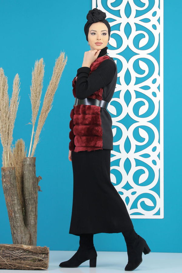 Kisa Peluş Yelek Siyah  Bordo - 7848 BORDO