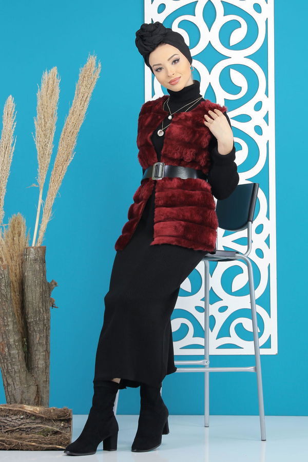 Kisa Peluş Yelek Siyah  Bordo - 7848 BORDO