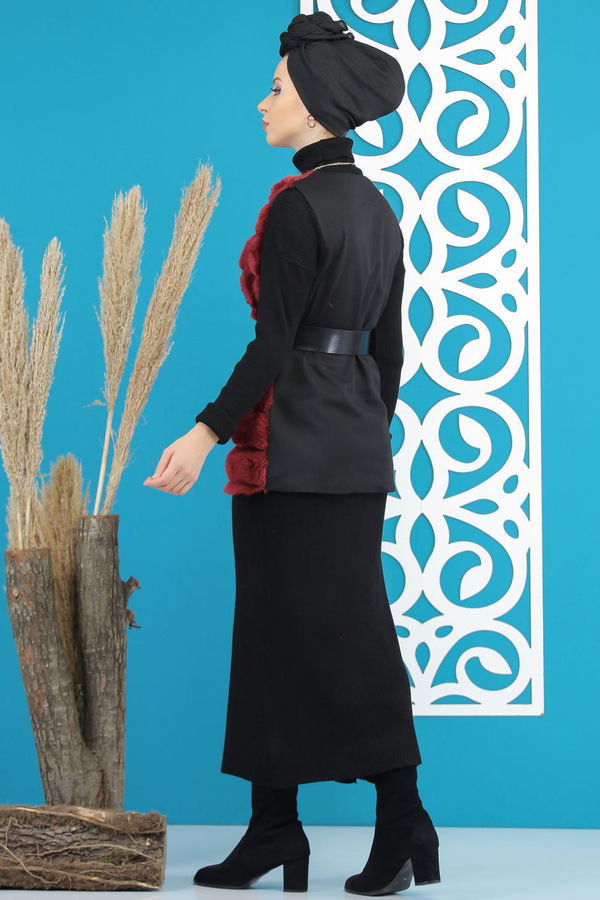 Kisa Peluş Yelek Siyah  Bordo - 7848 BORDO
