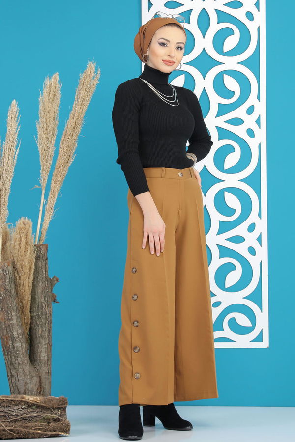 Dügme Detay Bol Paça Pantolon Siyah Sarı - 7394 Sarı