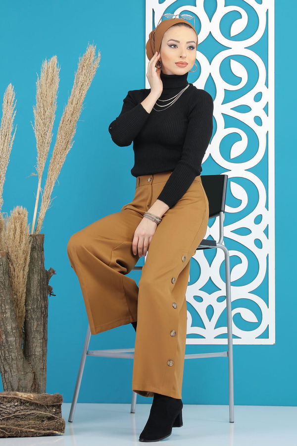 Dügme Detay Bol Paça Pantolon Siyah Sarı - 7394 Sarı