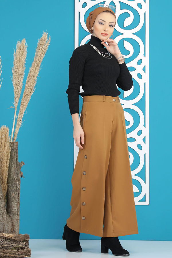 Dügme Detay Bol Paça Pantolon Siyah Sarı - 7394 Sarı