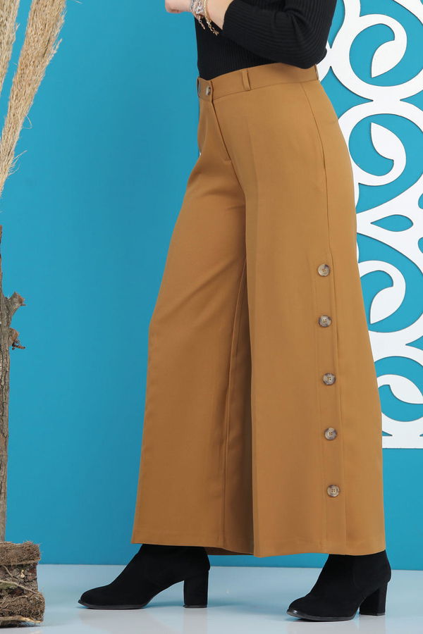 Dügme Detay Bol Paça Pantolon Siyah Sarı - 7394 Sarı