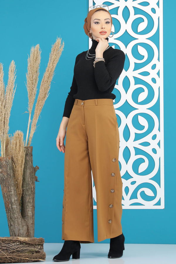 Dügme Detay Bol Paça Pantolon Siyah Sarı - 7394 Sarı