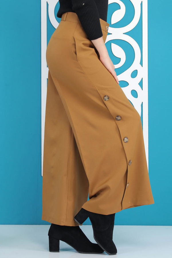 Dügme Detay Bol Paça Pantolon Siyah Sarı - 7394 Sarı