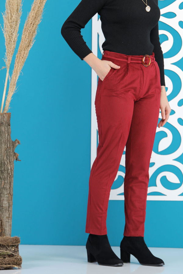 Kadife Pantolon Kemer Bordo  - 7859 Bordo - 7859 BORDO