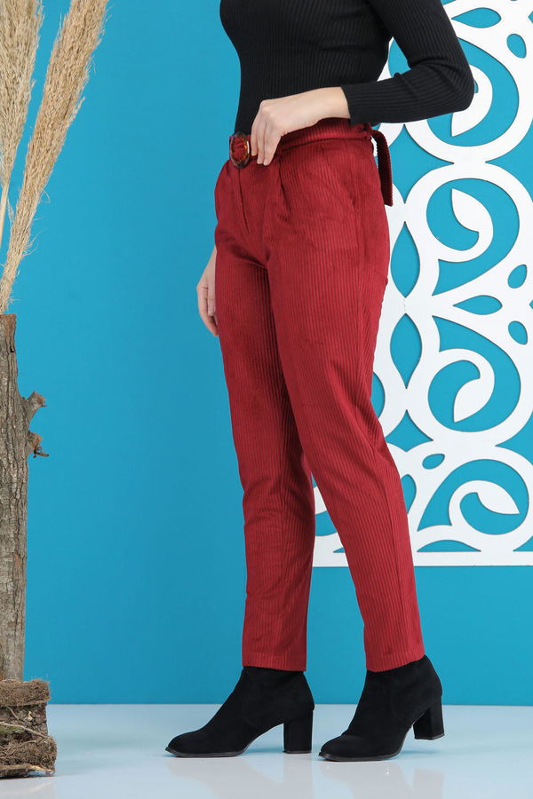 Kadife Pantolon Kemer Bordo  - 7859 Bordo - 7859 BORDO