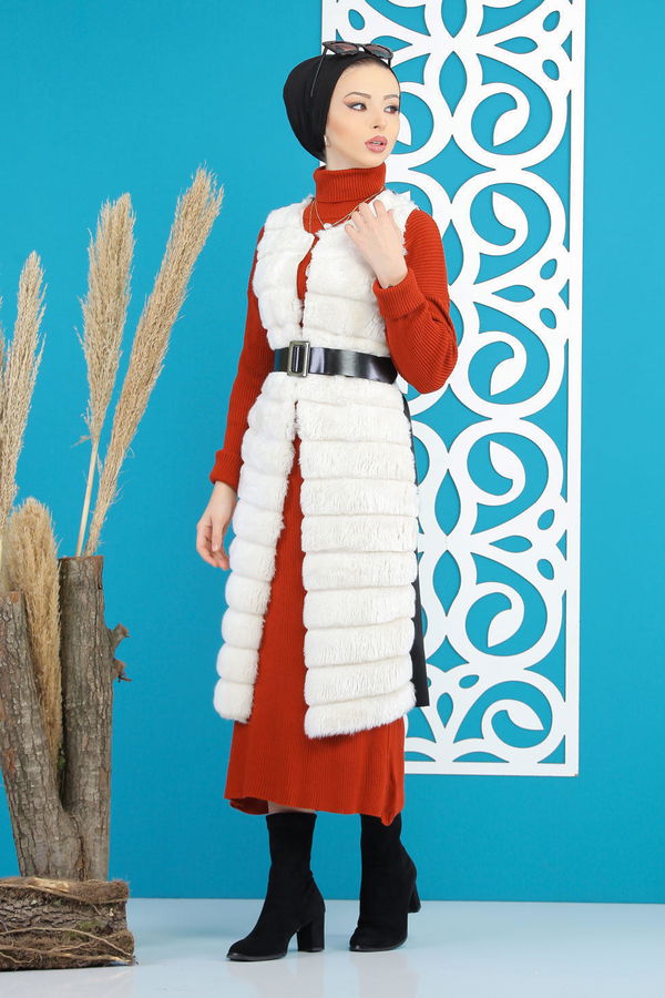 Uzun Peluş Yelek Siyah Ekru - 7832 EKRU