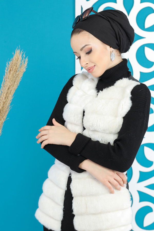 Kisa Peluş Yelek Siyah  Ekru - 7848 EKRU