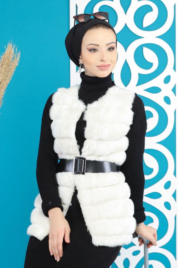 Kisa Peluş Yelek Siyah  Ekru - 7848 EKRU