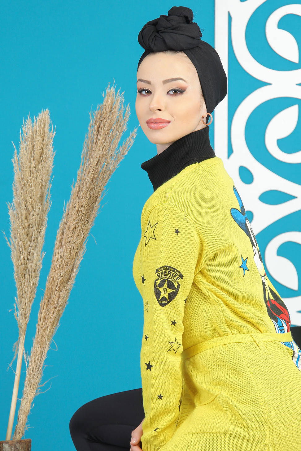 Kuşaklı Hırka Siyah  Sarı - 7870 Sarı