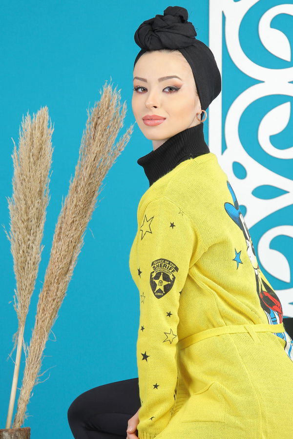 Kuşaklı Hırka Siyah  Sarı - 7870 Sarı