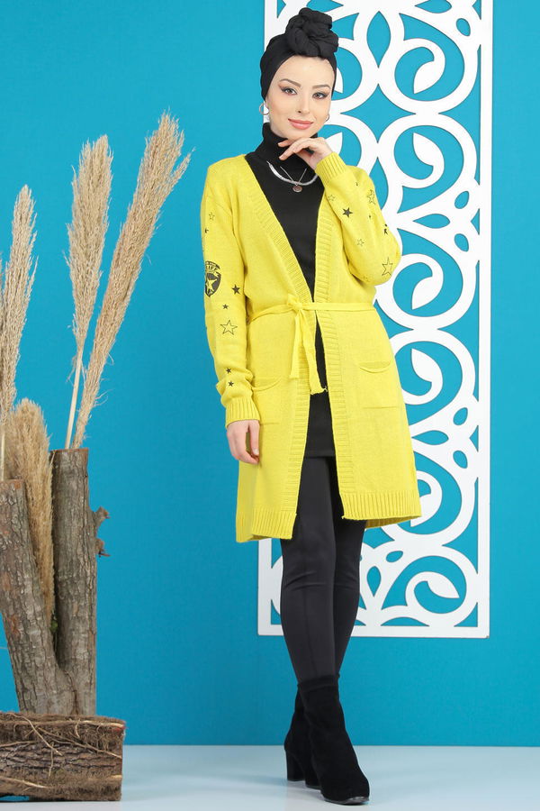 Kuşaklı Hırka Siyah  Sarı - 7870 Sarı