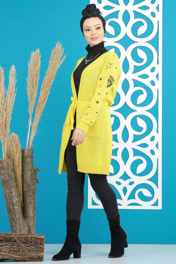 Kuşaklı Hırka Siyah  Sarı - 7870 Sarı