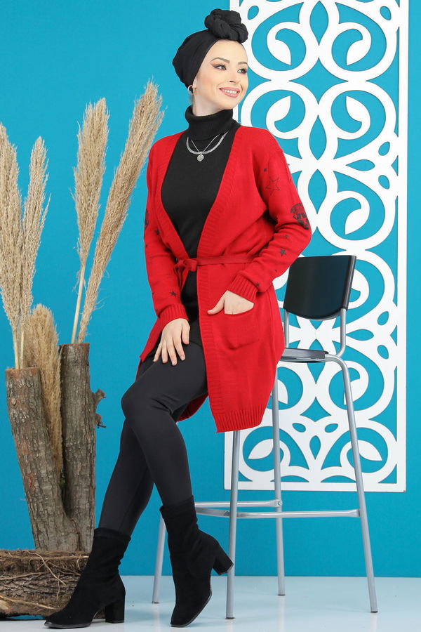 Kuşaklı Hırka Siyah  Kırmızı - 7870