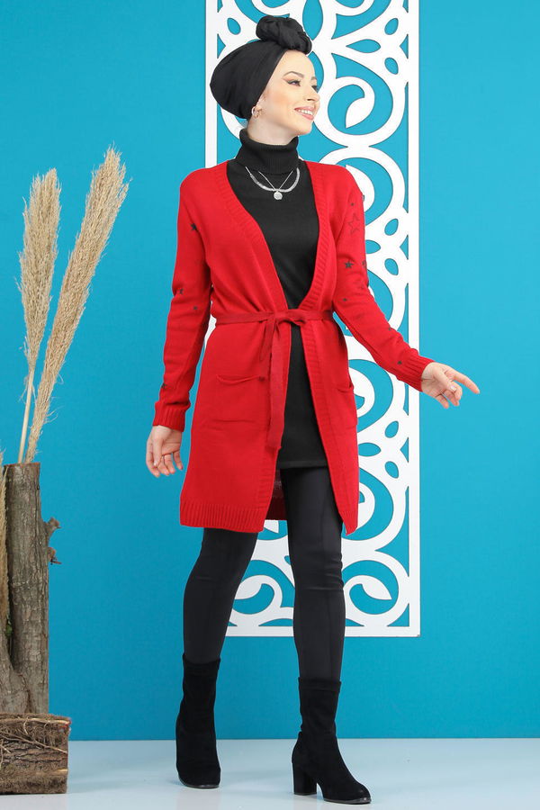 Kuşaklı Hırka Siyah  Kırmızı - 7870