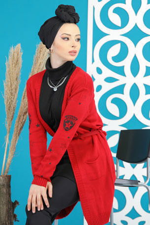 Kuşaklı Hırka Siyah  Kırmızı - 7870