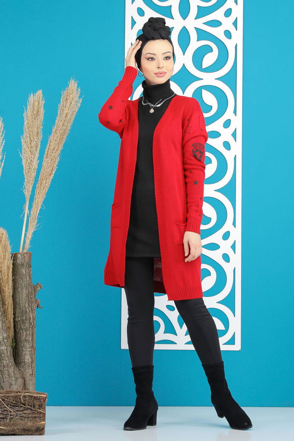 Kuşaklı Hırka Siyah  Kırmızı - 7870