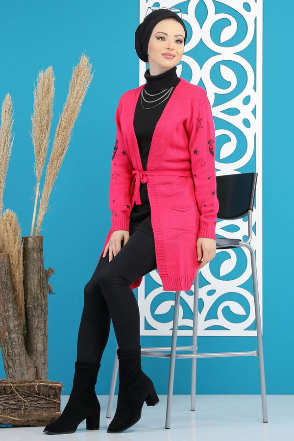 Kuşaklı Hırka Siyah  Pembe - 7870