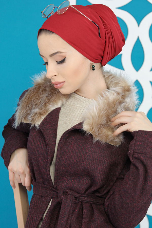 Kürklü Hırka Haki  Bordo - 7896 BORDO