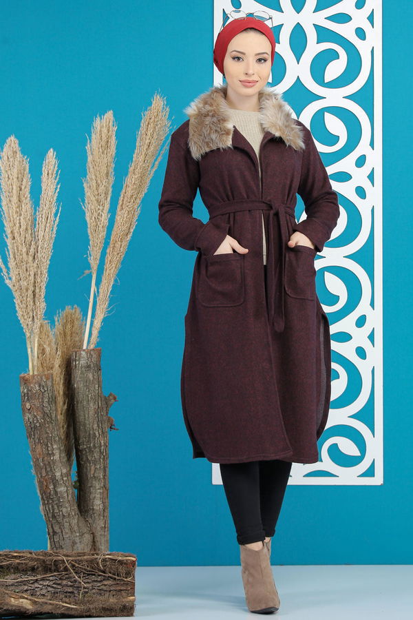 Kürklü Hırka Haki  Bordo - 7896 BORDO