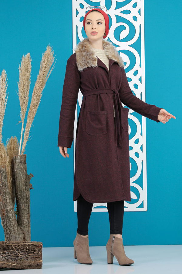 Kürklü Hırka Haki  Bordo - 7896 BORDO