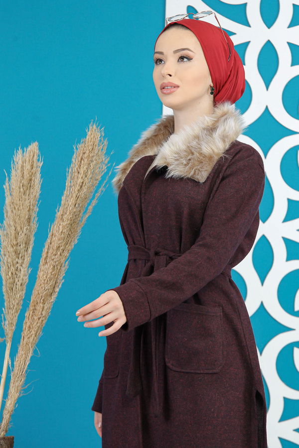 Kürklü Hırka Haki  Bordo - 7896 BORDO