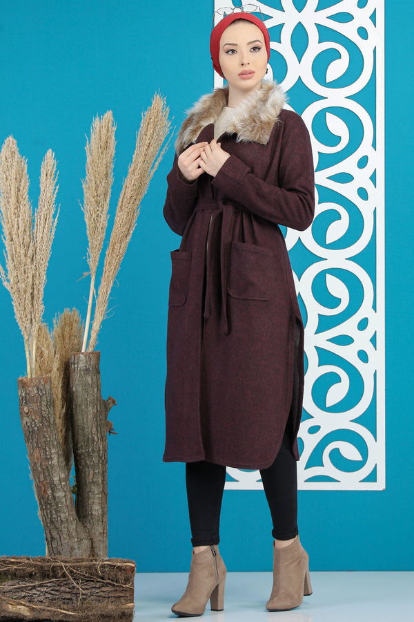 Kürklü Hırka Haki  Bordo - 7896 BORDO