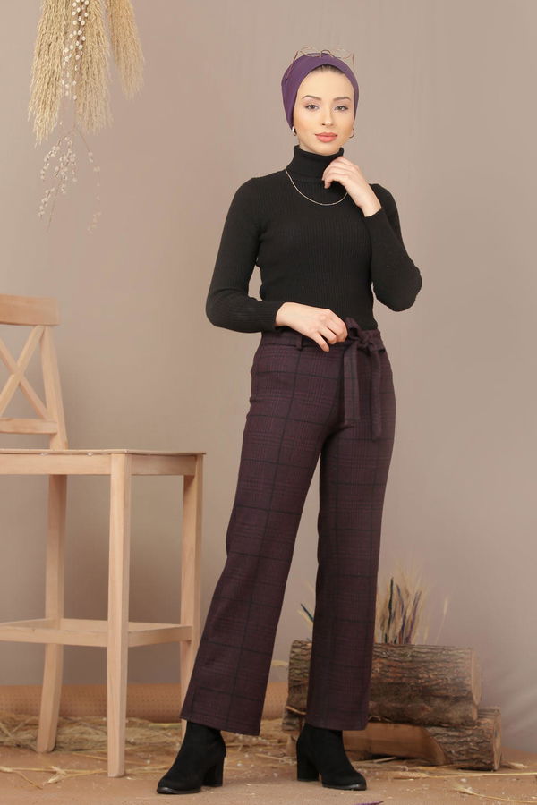 Kuşaklı Ekose Pantolon Mor - 7920 Mor - 7920