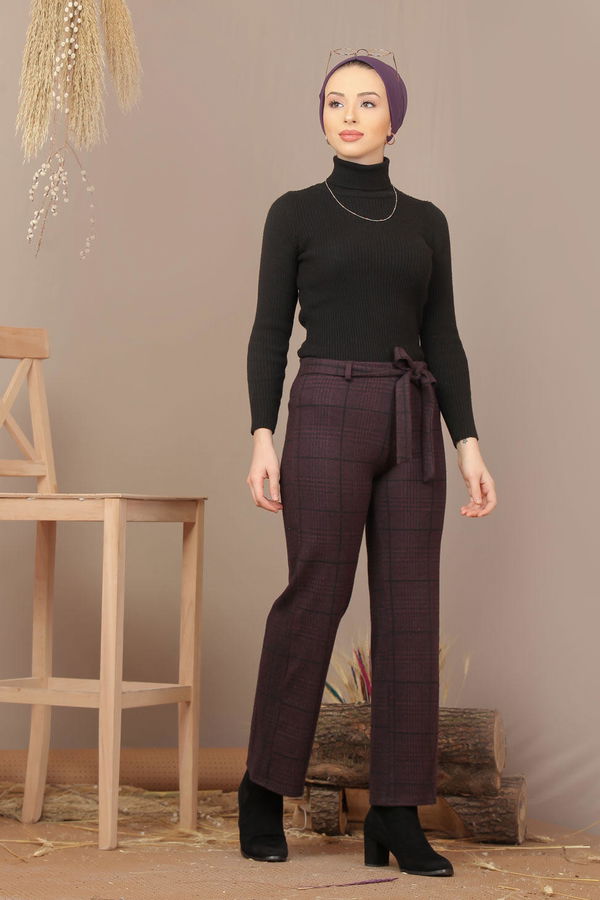 Kuşaklı Ekose Pantolon Mor - 7920 Mor - 7920