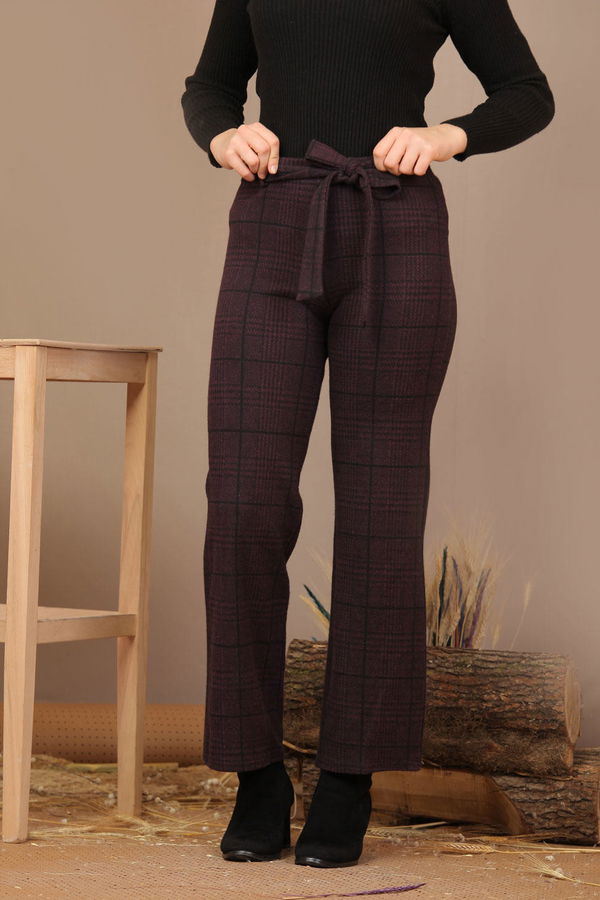 Kuşaklı Ekose Pantolon Mor - 7920 Mor - 7920
