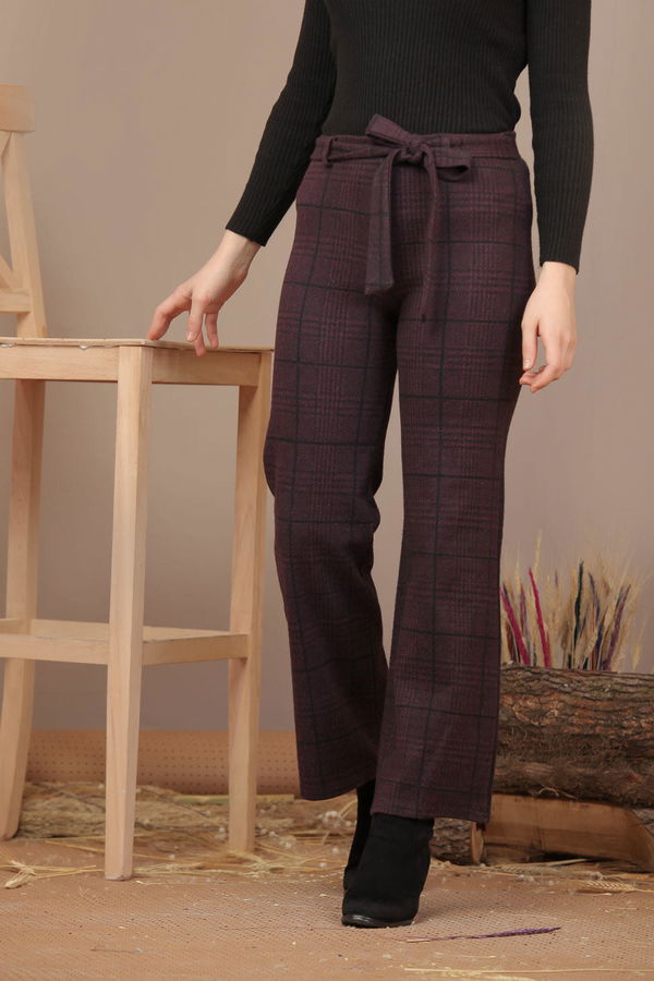 Kuşaklı Ekose Pantolon Mor - 7920 Mor - 7920