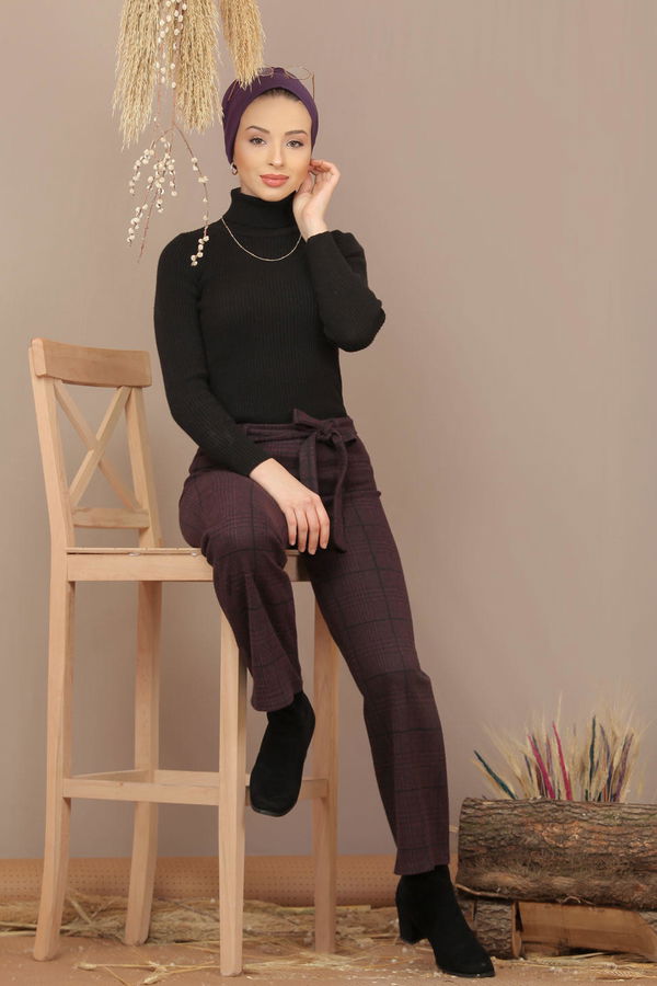 Kuşaklı Ekose Pantolon Mor - 7920 Mor - 7920