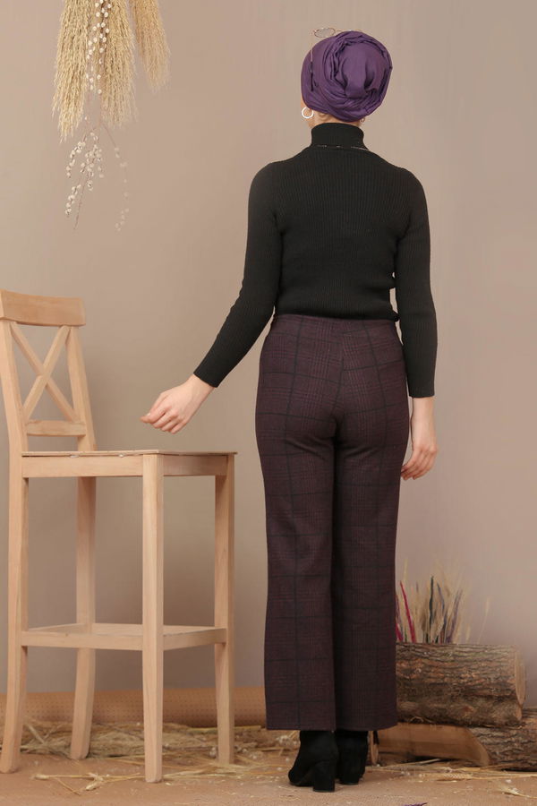 Kuşaklı Ekose Pantolon Mor - 7920 Mor - 7920
