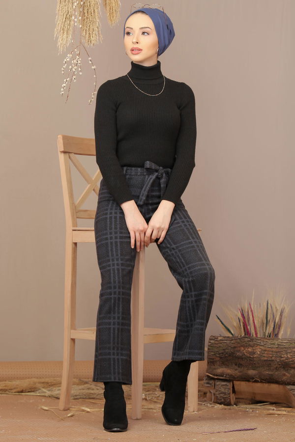 Kuşaklı Ekose Pantolon Lacivert - 7924 Lacivert - 7924 LACİVERT