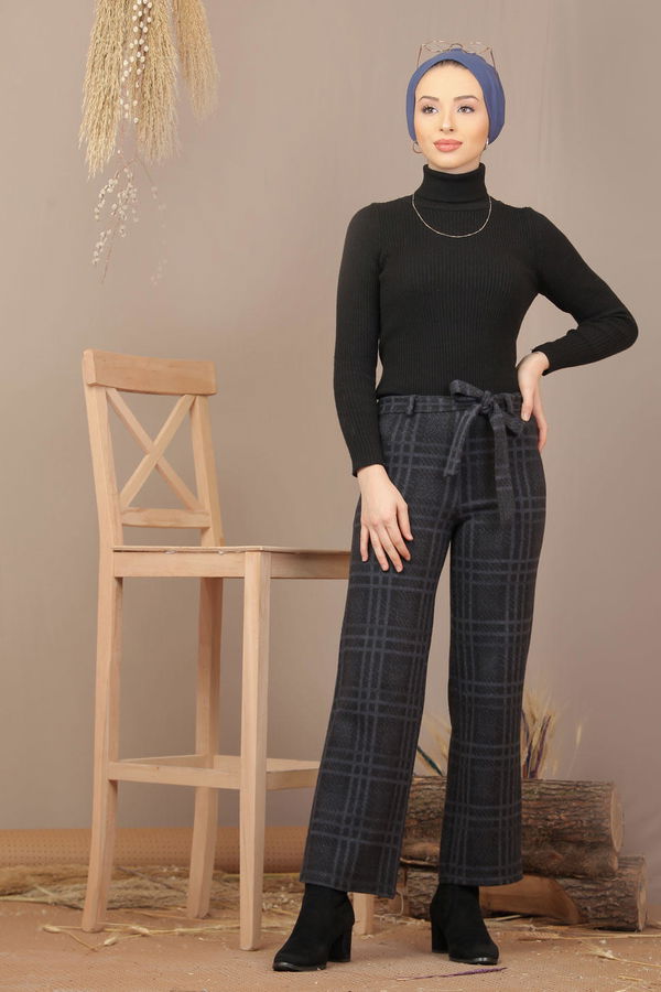 Kuşaklı Ekose Pantolon Lacivert - 7924 Lacivert - 7924 LACİVERT
