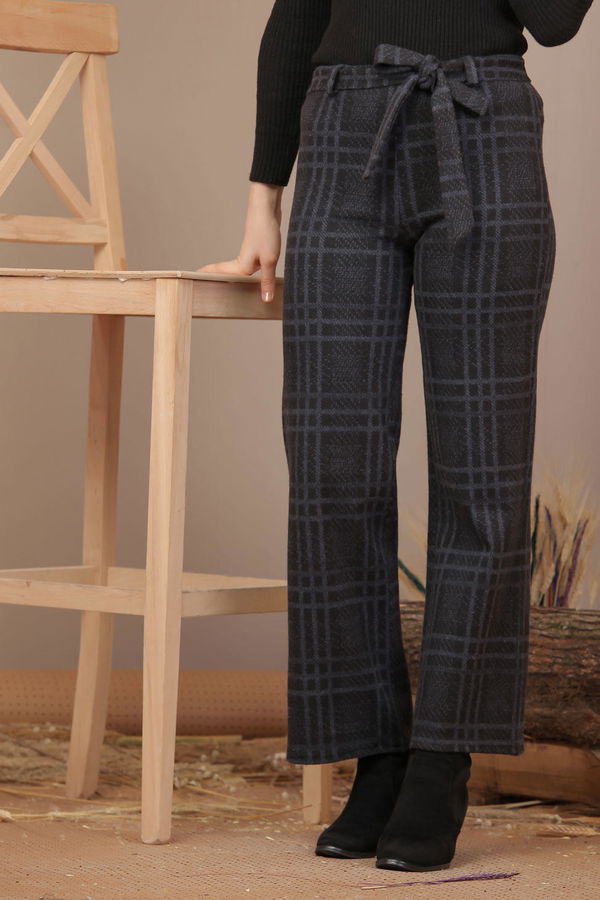 Kuşaklı Ekose Pantolon Lacivert - 7924 Lacivert - 7924 LACİVERT