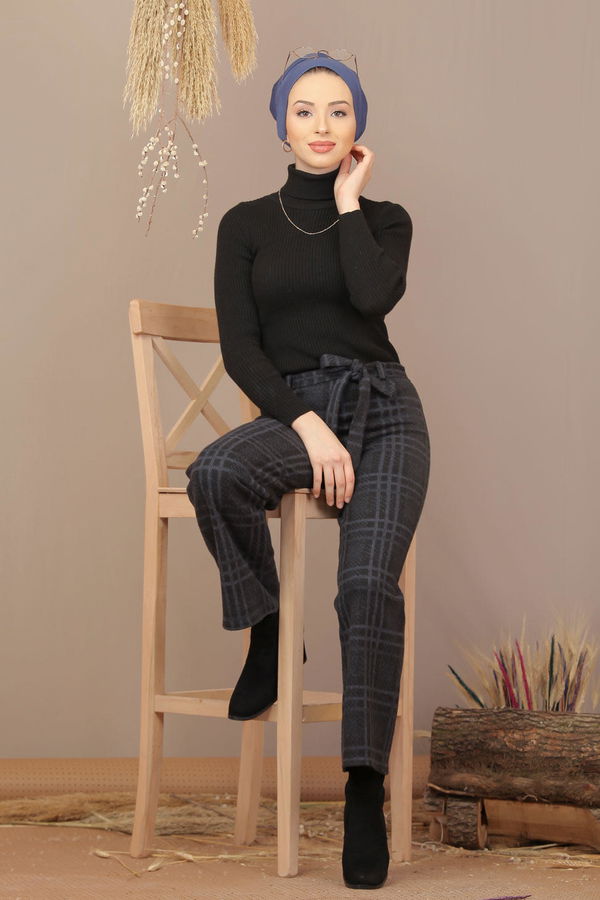 Kuşaklı Ekose Pantolon Lacivert - 7924 Lacivert - 7924 LACİVERT