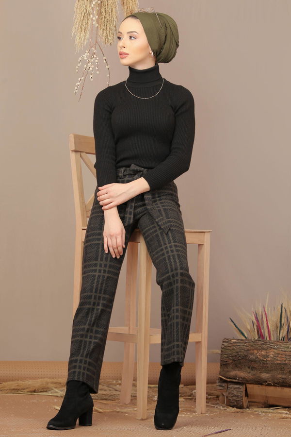 Kuşaklı Ekose Pantolon Haki - 7924 Haki - 7924
