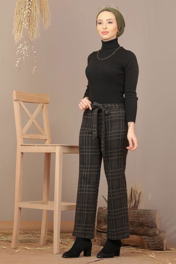 Kuşaklı Ekose Pantolon Haki - 7924 Haki - 7924