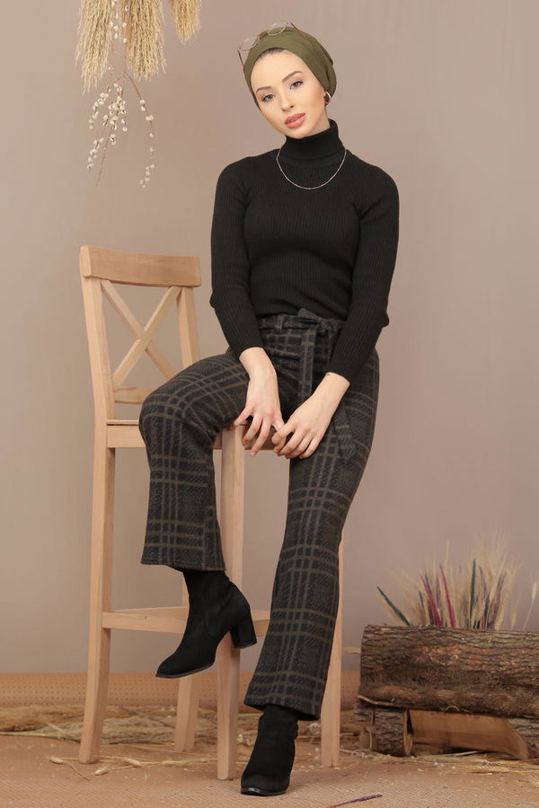 Kuşaklı Ekose Pantolon Haki - 7924 Haki - 7924