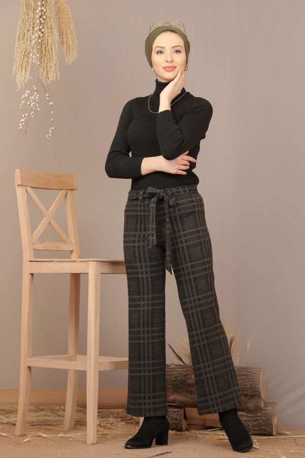 Kuşaklı Ekose Pantolon Haki - 7924 Haki - 7924