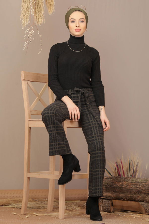 Kuşaklı Ekose Pantolon Haki - 7924 Haki - 7924