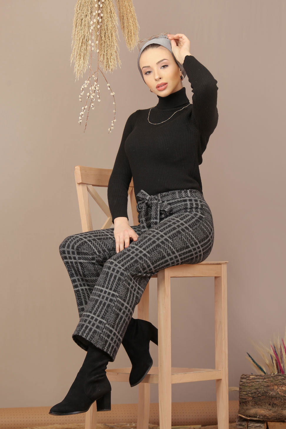 Kuşaklı Ekose Pantolon Gri - 7924 Gri - 7924