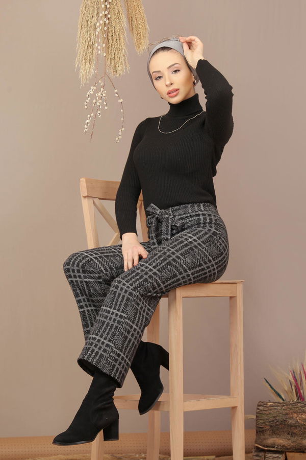 Kuşaklı Ekose Pantolon Gri - 7924 Gri - 7924