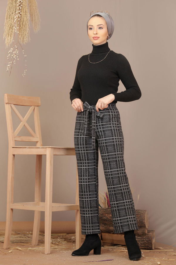Kuşaklı Ekose Pantolon Gri - 7924 Gri - 7924