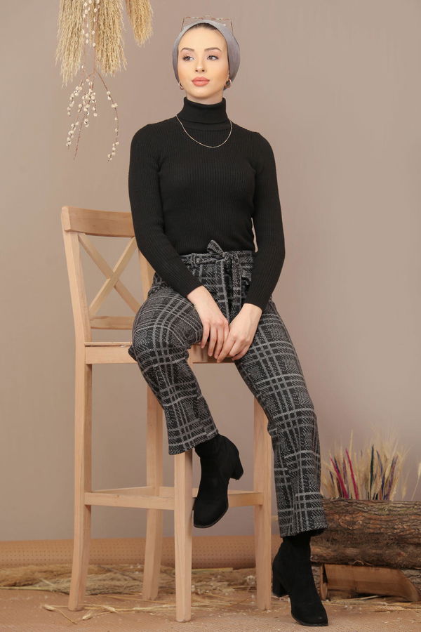 Kuşaklı Ekose Pantolon Gri - 7924 Gri - 7924